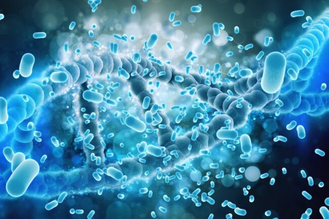 3D render of a medical background with DNA strands being attacked by virus cells