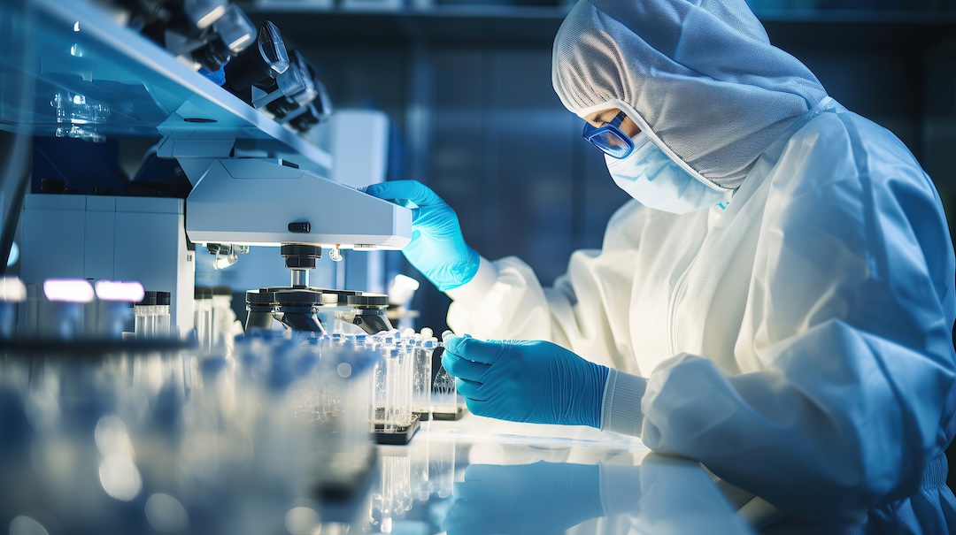 A Laboratory Technician, Wearing a Mask, Analyzes Test Tubes and Operates a Microscope.